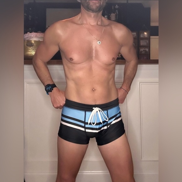 Other - Cassis Square Cut Swim Trunks in Blue, Black & White (Medium / 30-32" Waist)